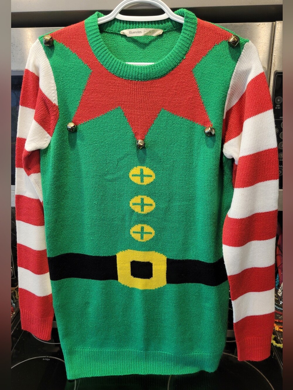 Bluenotes Green Red White Elf Costume Crewneck Sweater with Bells - Christmas